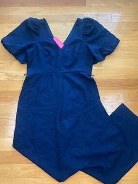 Lilly Pulitzer Kirrabelle Jumpsuit Short Sleeve Jacquard Navy Sz 16 NWT NO BELT
